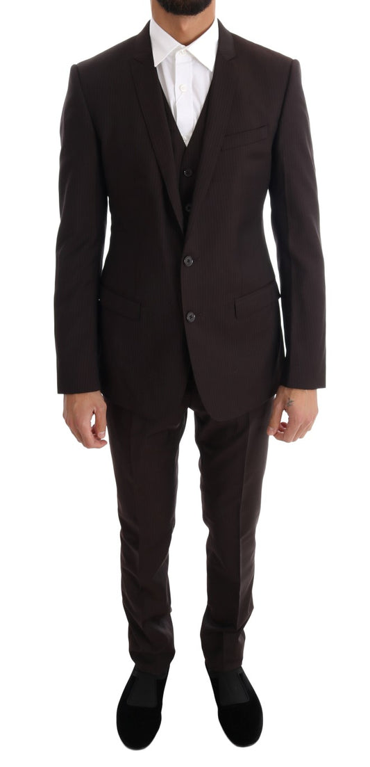 Dolce & Gabbana Elegant Brown Striped Three-Piece Wool Suit - Gio Beverly Hills