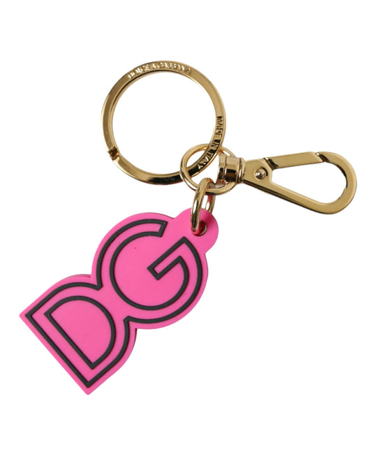 Dolce & Gabbana Pink Rubber Gold Tone Metal DG Logo Keyring Keychain - Gio Beverly Hills