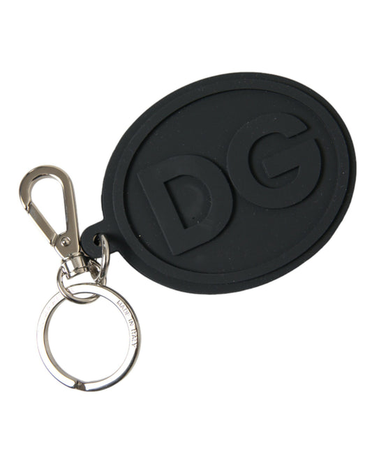 Dolce & Gabbana Black Rubber DG Logo Silver Brass Metal Keyring Keychain - Gio Beverly Hills