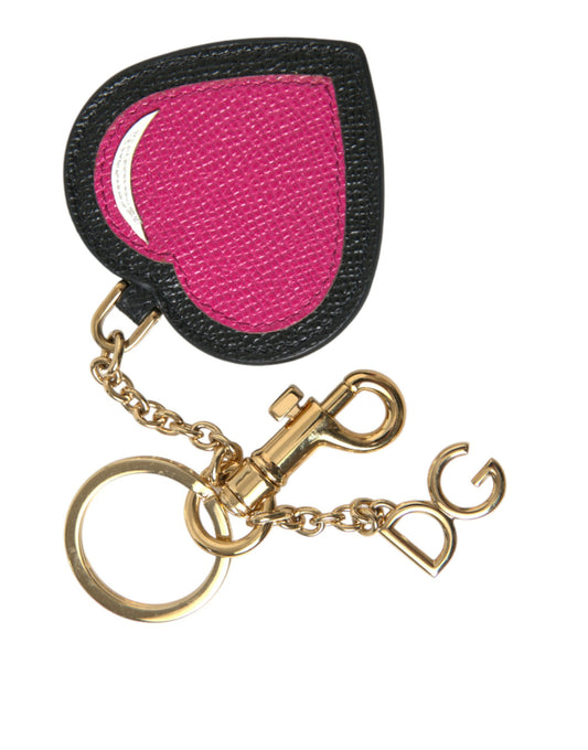Dolce & Gabbana Pink Black Heart Leather Gold Tone Brass Keyring Keychain - Gio Beverly Hills