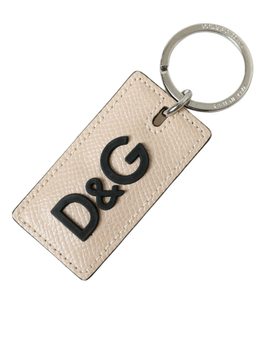 Dolce & Gabbana Beige Calf Leather DG Logo Silver Brass Keyring Keychain - Gio Beverly Hills