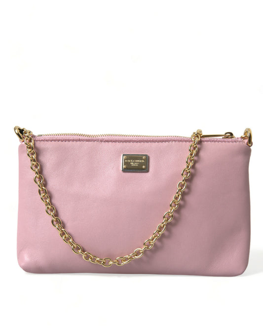 Dolce & Gabbana Elegant Pink Leather Pouch Clutch with Floral Embroidery - Gio Beverly Hills