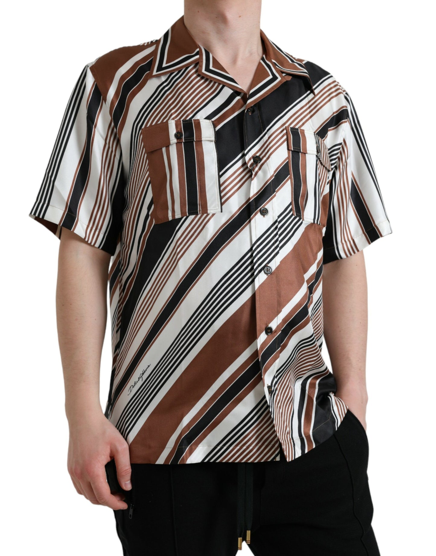 Dolce & Gabbana Brown White Silk Striped Short Sleeve Shirt - Gio Beverly Hills