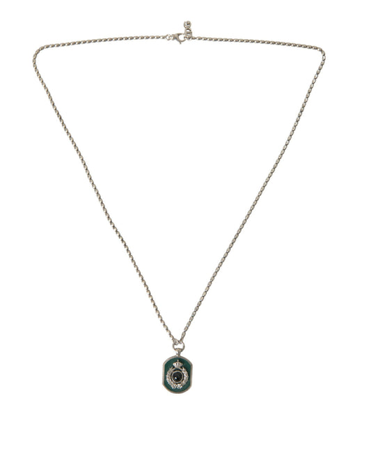 Dolce & Gabbana Silver Tone Brass Chain Tag Bead Crown Pendant Necklace - Gio Beverly Hills