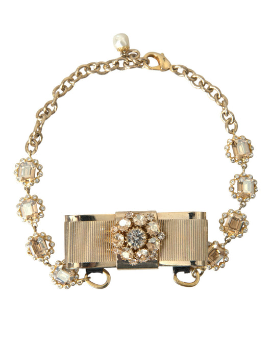 Dolce & Gabbana Gold Brass Clear Crystal Bow Chain Choker Necklace - Gio Beverly Hills