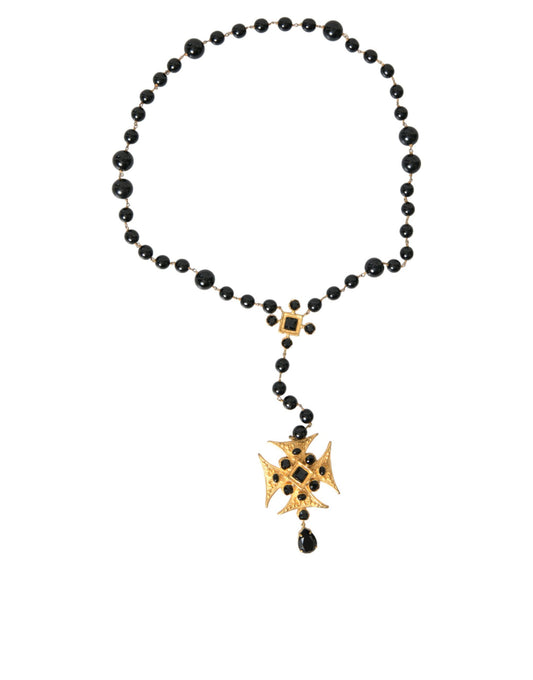 Dolce & Gabbana Gold Tone Brass Cross Black Beaded Chain Rosary Necklace - Gio Beverly Hills