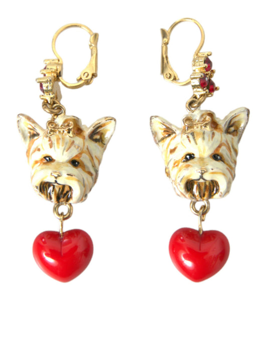 Dolce & Gabbana Gold Brass Heart Dog Red Crystal Dangling Earrings - Gio Beverly Hills