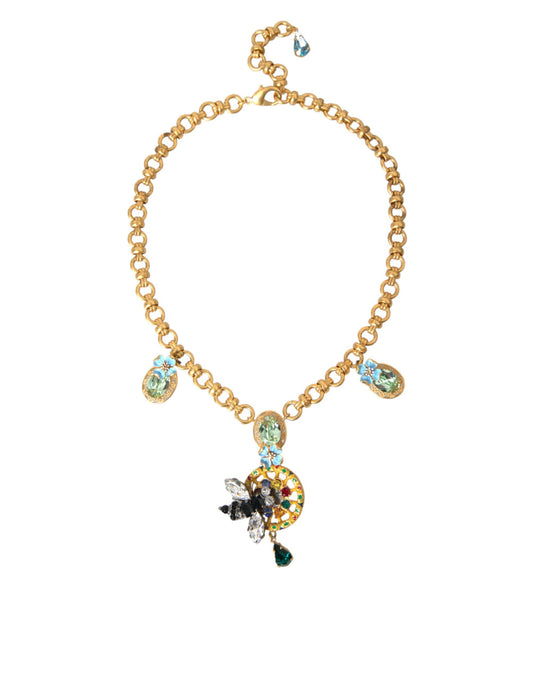 Dolce & Gabbana Gold Brass Chain Crystal Bee Pendant Charm Necklace - Gio Beverly Hills