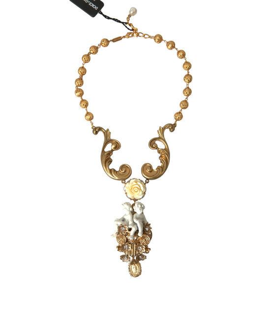 Dolce & Gabbana Gold Brass Angel Floral Beaded Embellished Necklace - Gio Beverly Hills