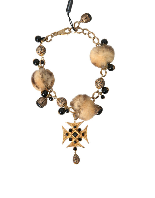 Dolce & Gabbana Gold Black Crystals Lapin Fur Filigree Chocker Necklace - Gio Beverly Hills