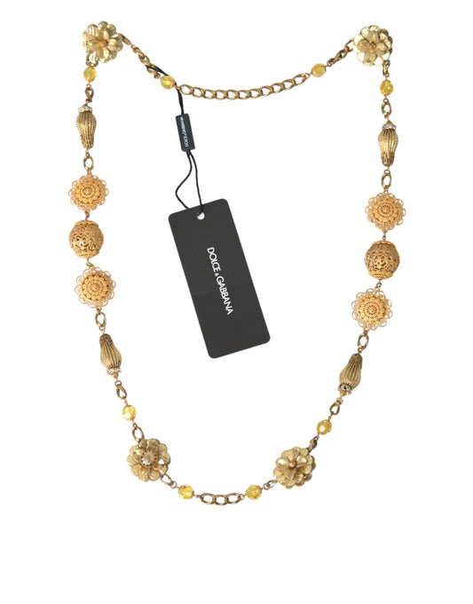 Dolce & Gabbana Crystal Flower Filigree Gold Brass Statement Necklace - Gio Beverly Hills