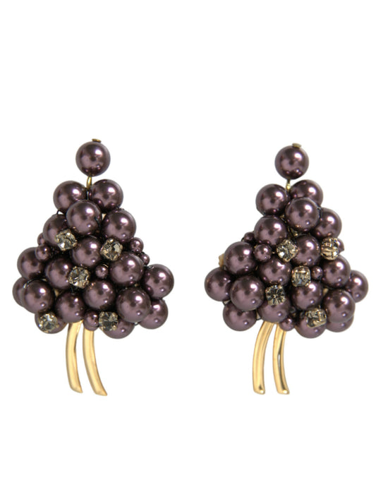 Dolce & Gabbana Purple Grape Pearl Sicily Gold Brass Floral Clip On Earrings - Gio Beverly Hills