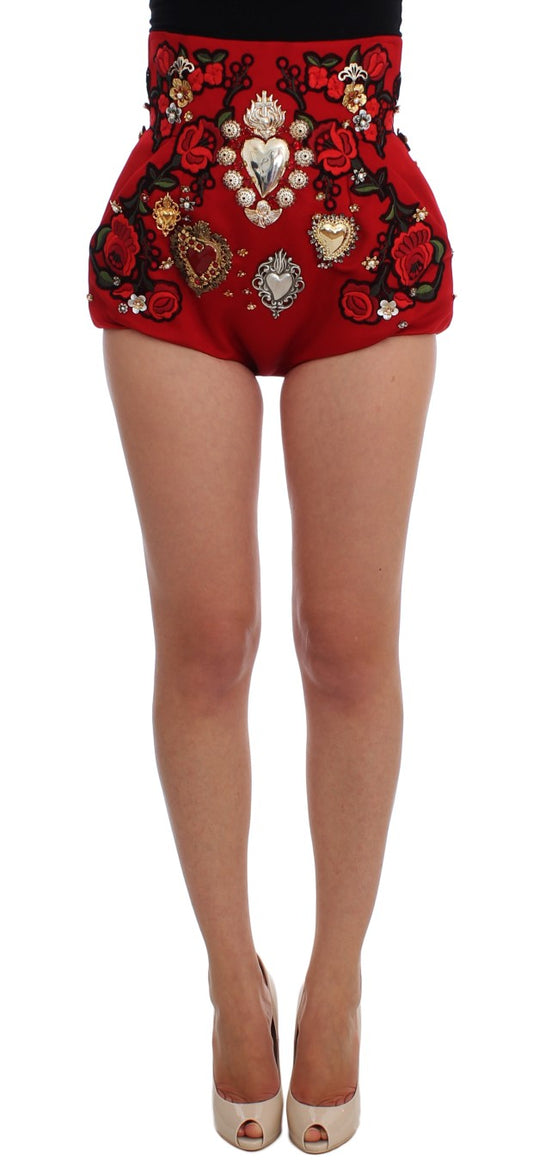Dolce & Gabbana Red Silk Crystal-Embellished Mini Shorts - Gio Beverly Hills