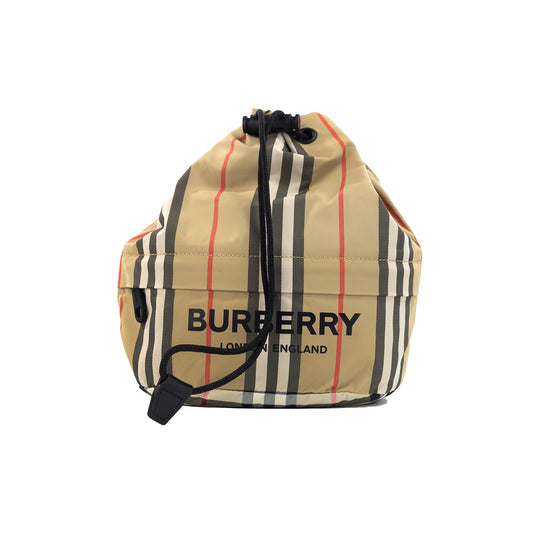 Burberry Phoebe Heritage Stripe Beige Eco Nylon Drawstring Bucket Bag - Gio Beverly Hills