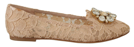 Dolce & Gabbana Elegant Beige Lace Vally Flats with Crystal Accent - Gio Beverly Hills
