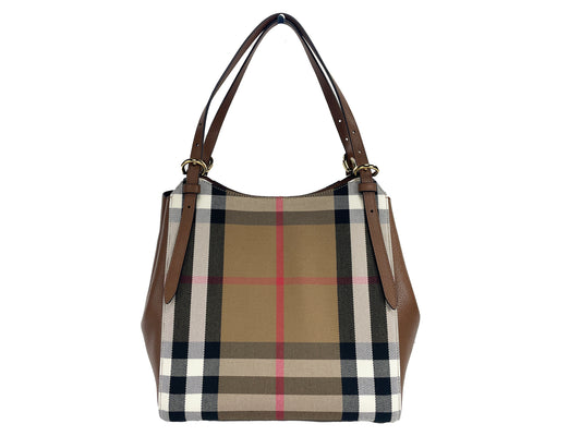 Burberry Small Canterby Tan Leather Check Canvas Tote Bag Purse - Gio Beverly Hills