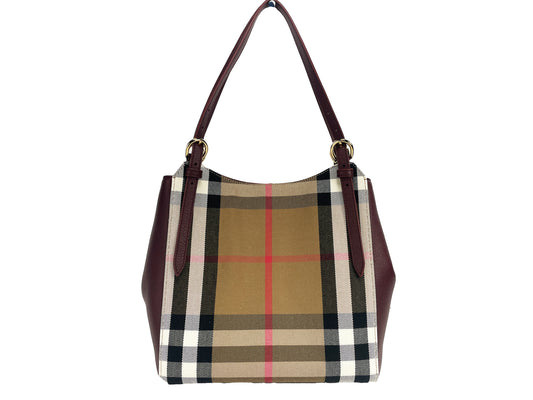 Burberry Small Canterby Mahogany Leather Check Canvas Tote Bag Purse - Gio Beverly Hills