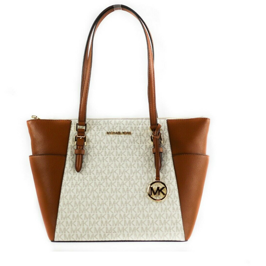 Michael Kors Charlotte Signature Leather Large Top Zip Tote Handbag Bag (Vanilla) - Gio Beverly Hills