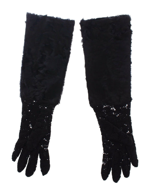 Dolce & Gabbana Black Lace Wool Lambskin Fur Elbow Gloves - Gio Beverly Hills