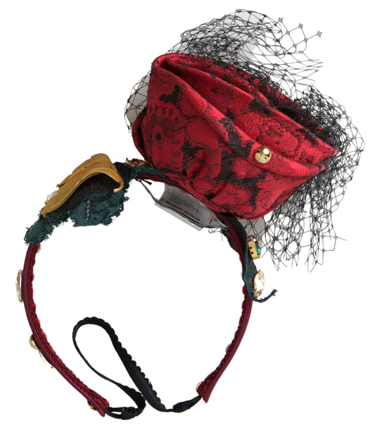 Dolce & Gabbana Red with multicolor Rose Silk Crystal Netted Logo Diadem Headband - Gio Beverly Hills