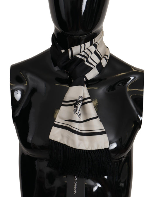 Dolce & Gabbana Black White Silk Striped Print Logo Fringe Scarf - Gio Beverly Hills