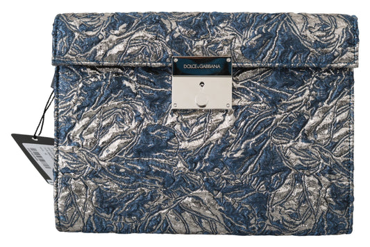 Dolce & Gabbana Blue Silver Jacquard Leather Document Briefcase Bag - Gio Beverly Hills