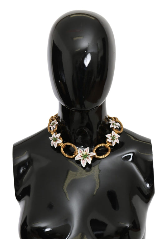 Dolce & Gabbana White Floral LILIUM Pendant Gold Chain Brass Pearl Necklace - Gio Beverly Hills