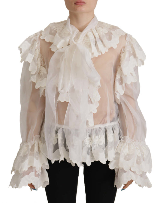 Dolce & Gabbana White Ruffles Lace Long Sleeve Blouse Top - Gio Beverly Hills