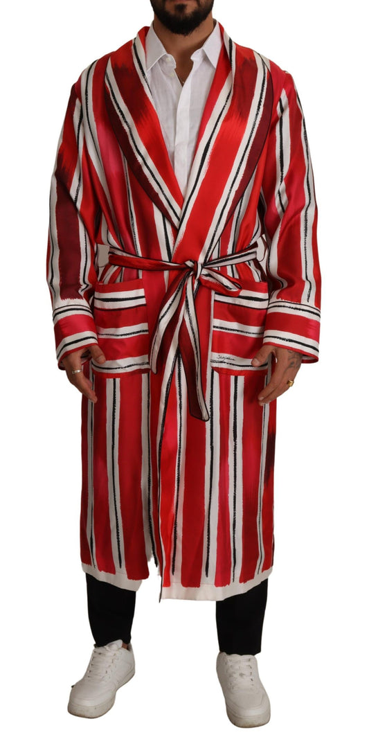 Dolce & Gabbana Red White Striped Silk Mens Night Gown Robe - Gio Beverly Hills
