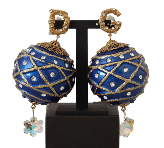 Dolce & Gabbana Gold Brass Blue Christmas Ball Crystal Clip On Earrings - Gio Beverly Hills