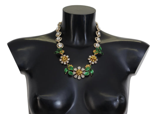Dolce & Gabbana Gold Brass Crystal Logo Floral Statement Necklace - Gio Beverly Hills