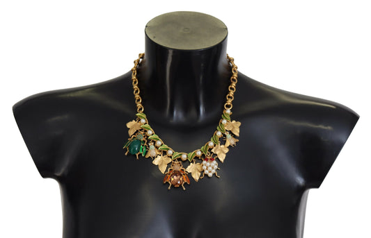 Dolce & Gabbana Gold Brass Crystal Logo Bug Floral Statement Necklace - Gio Beverly Hills