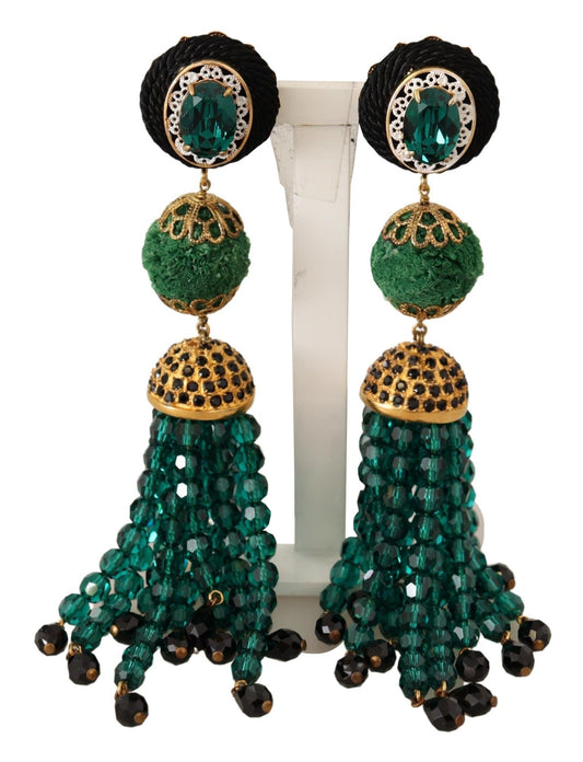 Dolce & Gabbana Green Crystals Gold Tone Drop Clip-on Dangle Earrings - Gio Beverly Hills