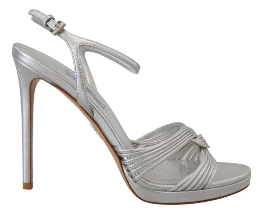 Prada Silver Leather Sandals Ankle Strap Heels Stiletto - Gio Beverly Hills