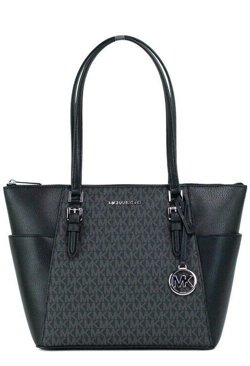 Michael Kors Charlotte Black PVC Leather Large Top Zip Tote Handbag Bag Purse - Gio Beverly Hills