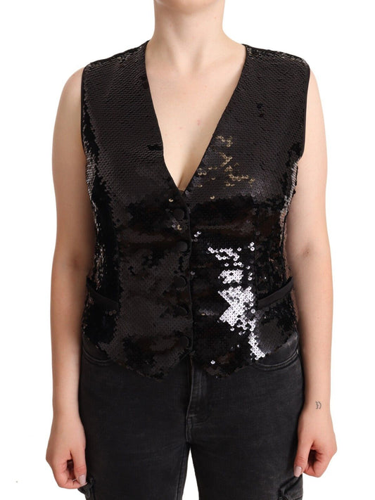 Dolce & Gabbana Black Sequin V-Neck Sleeveless Vest Tank Top - Gio Beverly Hills