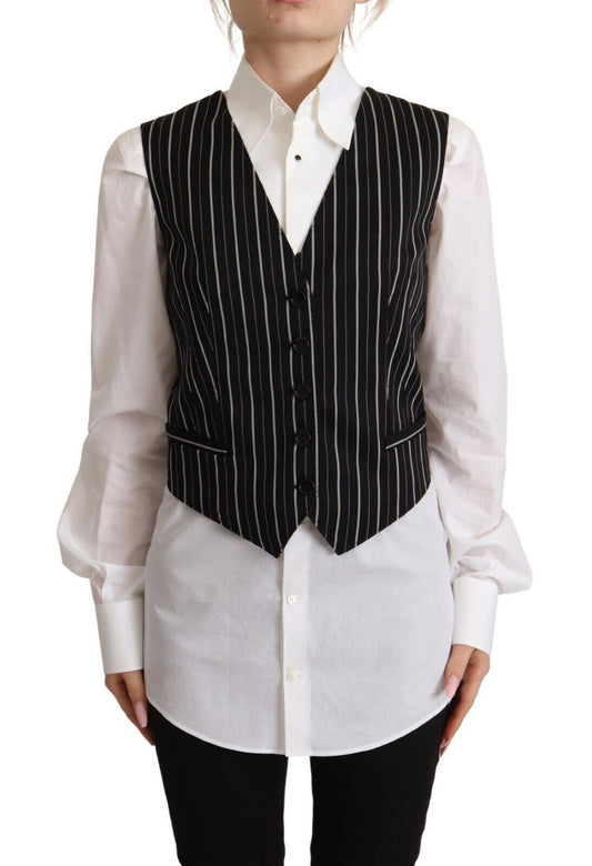 Dolce & Gabbana Black Stripes Wool V-neck Sleeveless Button Vest Top - Gio Beverly Hills
