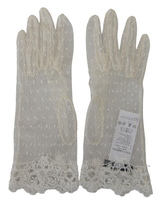 Dolce & Gabbana White Lace Wrist Length Mitten Cotton Gloves - Gio Beverly Hills