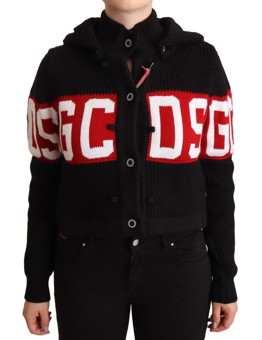 GCDS Black Cashmere Hooded Button Down Logo Cardigan Jacket - Gio Beverly Hills