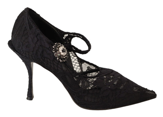 Dolce & Gabbana Black Lace Crystals Heels Mary Jane Pumps Shoes - Gio Beverly Hills