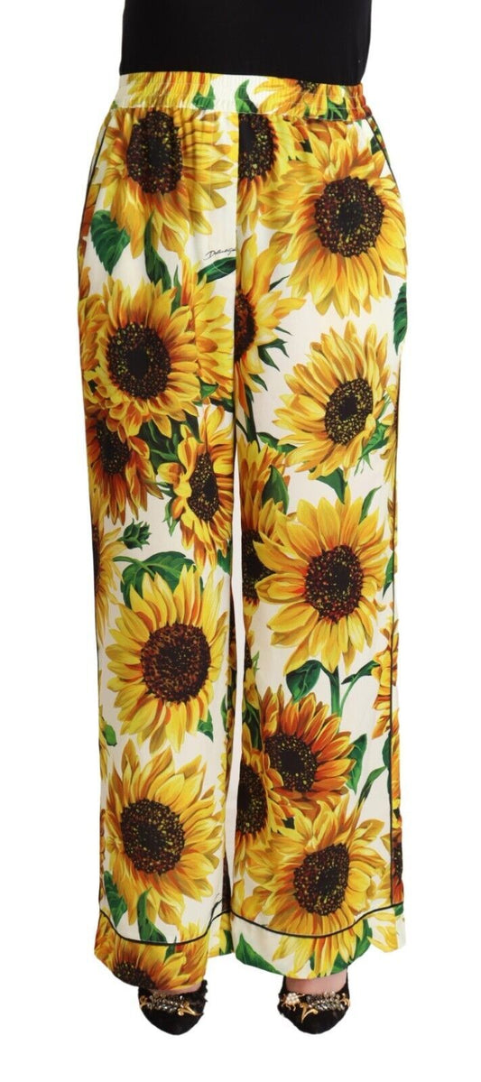 Dolce & Gabbana White Sunflower Print Mid Waist Wide Leg Pants - Gio Beverly Hills